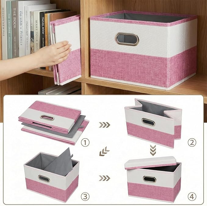 Storage Bins with Lids [3-Pack] Linen Fabric Foldable Storage Boxes Organizer Containers Baskets Cube with Cover for Bedroom Closet Office Pink&White（11.4X8.6X6.7 - Image 5