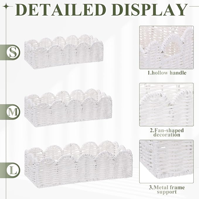 Boao 3 Pcs Boho Storage Wicker Baskets Handmade Woven Decorative Paper Rope Baskets for Organizing with Handle Countertop Toilet Paper Storage Container for Toilet Tank Top (White,Fan-shaped) - Image 3