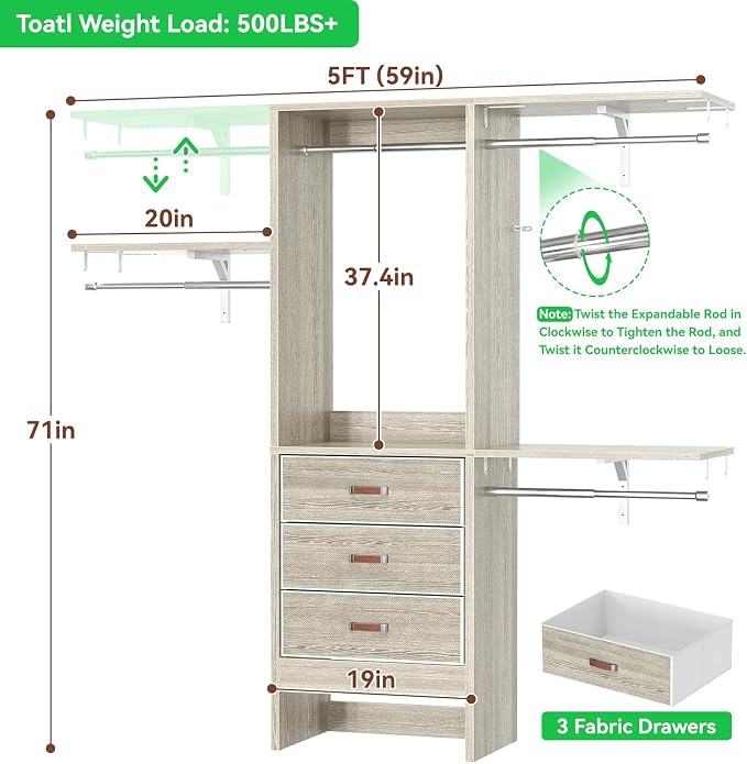 5FT Small Closet System with 3 Fabric Drawers, 60'' Walk In Closet Organizer System With 3 Adjustable Shelves, Heavy Duty Clothes Rack Built-In Garment Rack, 59" L x 16" W x 71"H, White Oak - Image 7