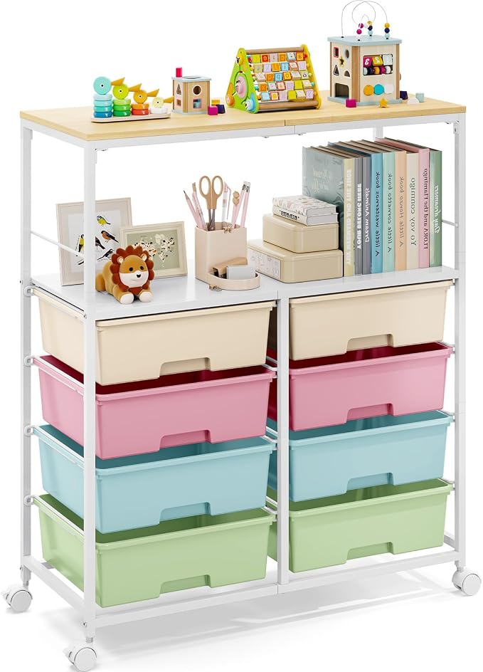 Rolling Storage Cart with 8 Large Drawers,Wooden Tabletop | Open Storage Shelves, Mobile Craft Organizer with Lockable Wheels for Home, Classroom, Office Supplies & Art Studio,Colorful by APEXCHASER