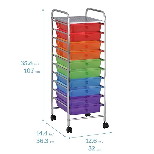 ECR4Kids 10-Drawer Everyday Mobile Storage Utility Cart, Assorted | Durable plastic bins, steel frame, GREENGUARD Gold Certified, 50 lb capacity, rolling casters, craft supplies, office, home - Image 2