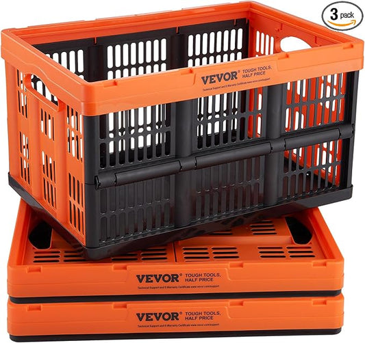 VEVOR 45L Plastic Collapsible Storage Basket 3 Packs, Folding Storage Crate | For Clothes, Toys, Books, Snack and Grocery Organizing, Folding Stackable Storage Containers/Bins with Handles, PP Material by VEVOR