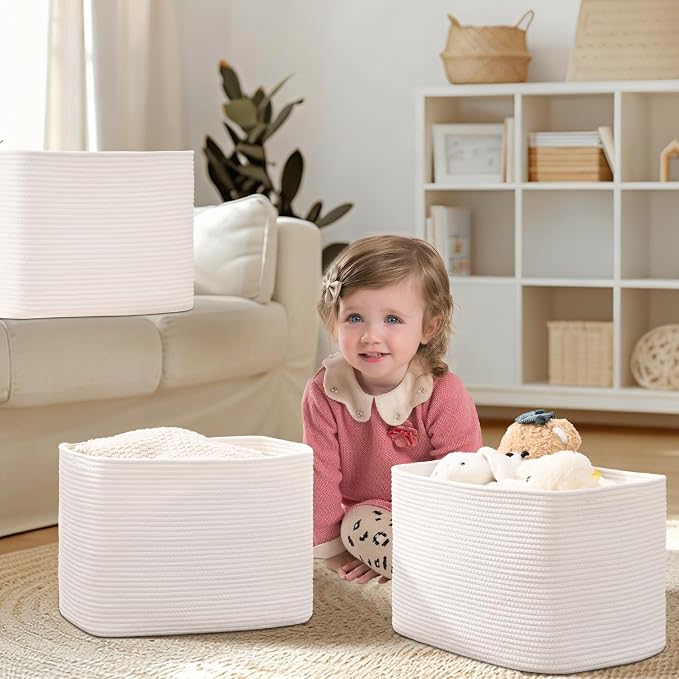 3 Pack Cube Storage Bin, 17”x12”x12” Cotton Rope Woven Baskets for Organizing Toys Clothes Towels, Square Gift Storage Baskets for Shelves, Nursery, Closet, Bathroom, Pantry (White) - Image 2