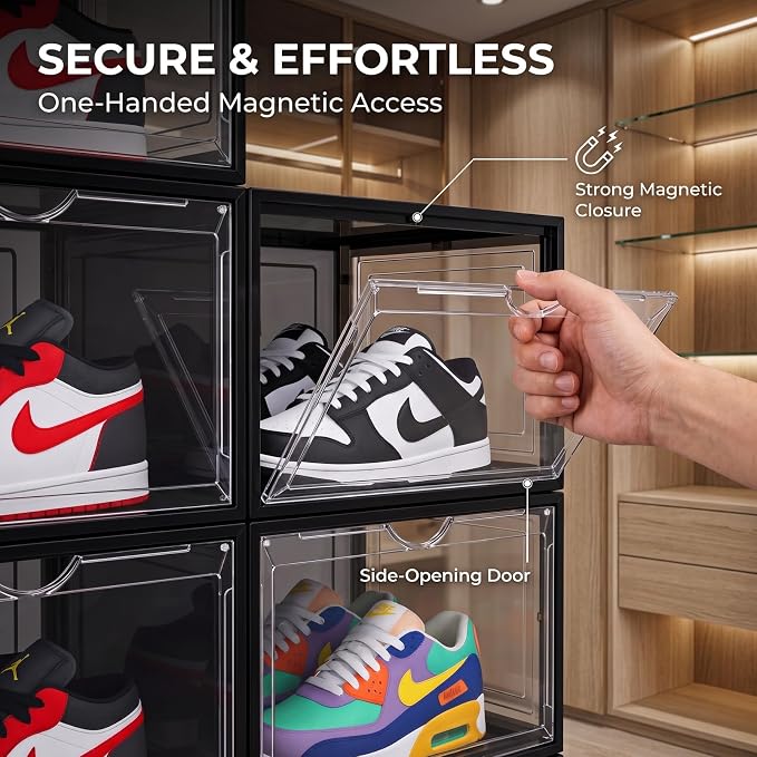 X-Large Clear Stackable Shoe Storage Box 8 Pack, Drop Side Shoe Organizers | Fits US Size 13 Sneakers Storage, Hard Plastic Shoe Containers with Magnetic Drop for Closet Storage and Sneaker Display - Image 2