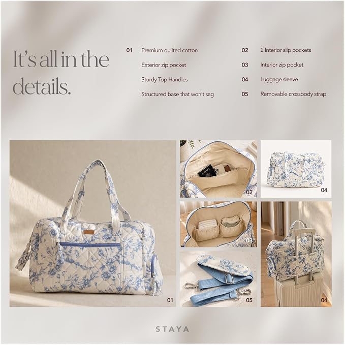 Staya Hospital Bag for Labor & Delivery - Quilted Weekender Bag for Women | Soft cotton quilted duffle, carry-on size, overnight & weekender bag, roomy with pockets, shoulder strap included - Image 4