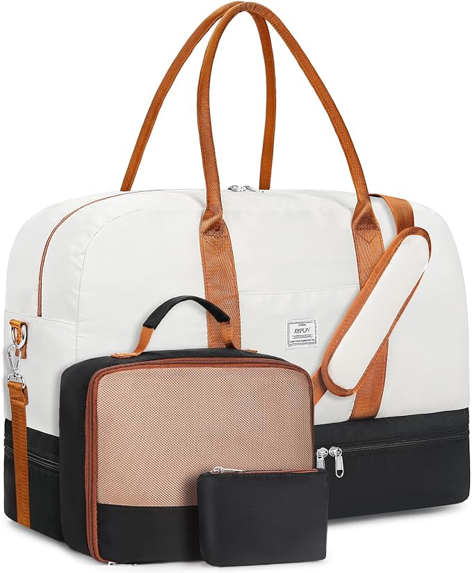 Weekender Bag for Women, Large Overnight Bag Canvas Travel Duffel Bag Carry On Tote with Shoe Compartment 21" 3Pcs Set by IBFUN
