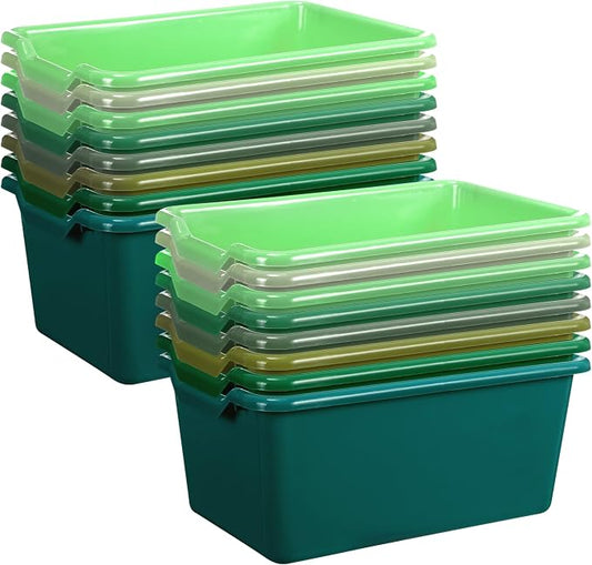 16 Pcs Cubby Bins for Classroom Plastic Book Bins,Green Series | Storage Bins for Classroom Library, Plastic Stackable Toy Tubs Containers for School Office Home Nursery Playroom by Dandat