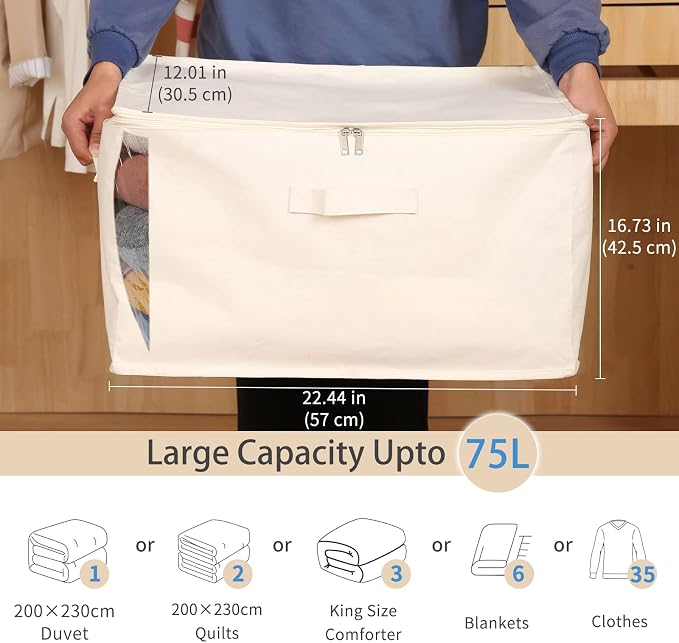 3 Pack Canvas Comforter & Blanket Storage Bags with Clear Window, Beige | Large Capacity, Cotton Linen Fabric, Reinforced Handles, Foldable Design for King Comforters, Clothes and Blankets Storage - Image 2