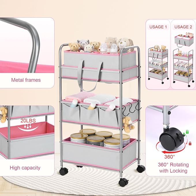 FoldTier 2in1 Baby Diaper Caddy Organizer Cart 3 Tier Large Capacity Metal Utility Bedside Rolling Cart with Divider Newborn Registry Nursery Essential Must Have Bedroom Gift Baby Shower(Pink) - Image 3