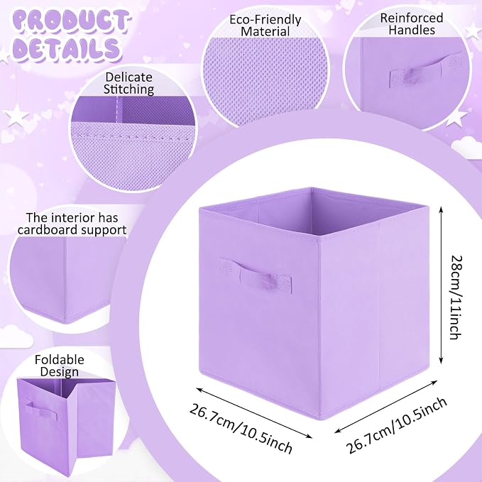 Yinder 12 Pcs Cube Storage Bin Purple 10.5''x10.5''x11'' Storage Bins for Playroom Decor Colorful Bins for Kids Foldable Baskets for Nursery Organizer Boxes Fabric Boxes - Image 2
