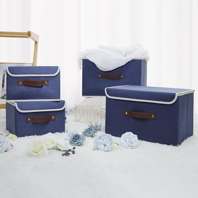 ANMINY Fabric Storage Box Bins with Lids, Blue, 10"x8"x7", 2 Pack | Keepsake Memory Storage, Cotton Linen, PP Board Reinforced, Washable, PU Handles, Foldable & Stackable, Decorative, Small - Image 7