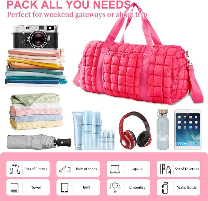 Quilted Travel Duffle Bag Gym Bag for Women,Large Puffer Duffle Weekender Bag with Compartment,Workout Overnight Carry on Organizer Bag Duffle Bag for Airplane Travel(Rosered) - Image 3