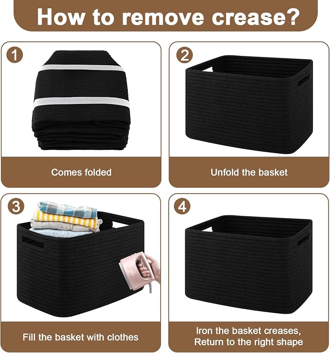 OIASKET 4Packs Natural Cotton Rope Storage Baskets for Organizing Toys, Clothes, Towels & Books, Soft Versatile Organizers for Shelves, Home Decorative Bins, 13''Lx9''Wx7.8''H, Black - Image 9