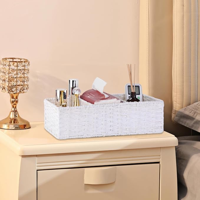 3 Section Wicker Storage Basket, White Wicker Baskets for Storage, Toilet Tank Basket, Small Baskets for Organizing for Shelves, 2-Pack - Image 6