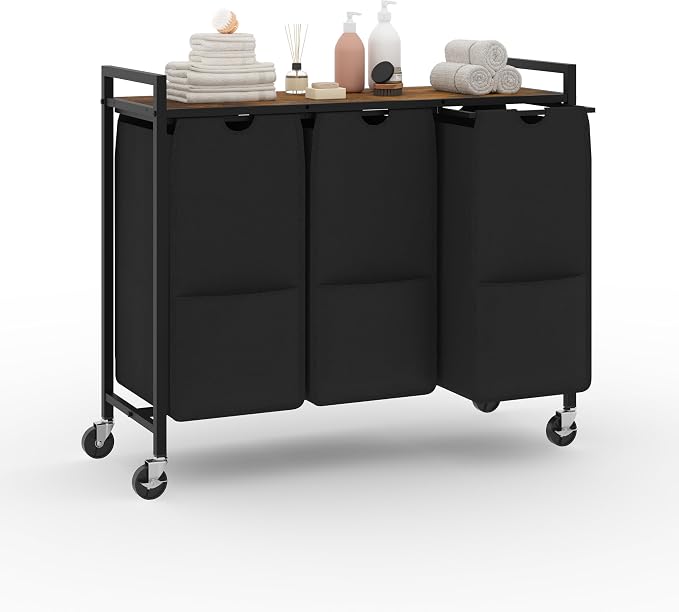 Garvee 3-Section Rolling Laundry Hamper, 120L, Rustic Brown & Black | Laundry Sorter with Shelf, Removable Bags & Wheels, Heavy Duty Clothes Basket Organizer for Laundry Room, Bathroom, Bedroom - Image 9