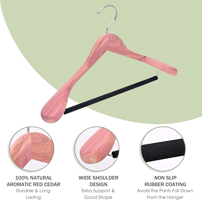 Unfinished American Red Cedar Wooden Coat Suit Hangers with Extra Wide Shoulder, Wood Jacket Clothes Hanger with Non Slip Black Padded Pant Bar- 360°Flexible Hook, Natural 4 Pack - Image 3