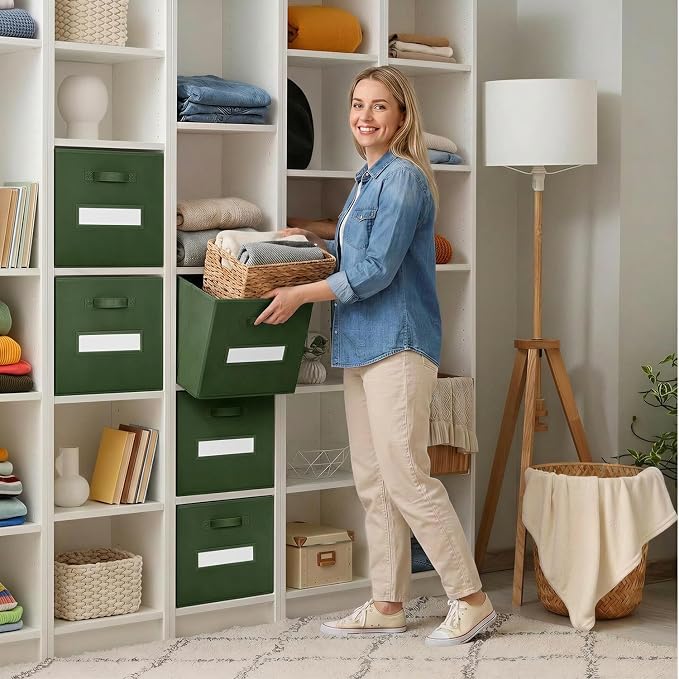 Storage Bins,11 Inch Cube Storage Bin with Labels,6pcs,Dark Green | Fabric Storage Cubes for Shelves,11 Inch storage cube bins with 6 Labels Window Cards & a Pen. - Image 7