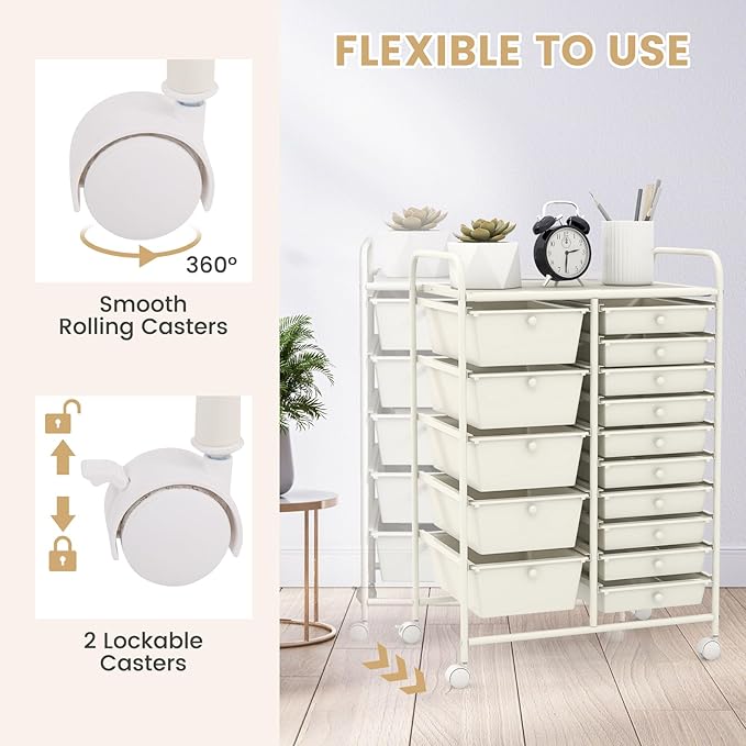 15 Drawer Rolling Storage Cart, Rolling Cart with Drawers for Classroom, Art Supply Craft Organizer on Wheel with Metal Frame & Handles for Home Office School - Image 4
