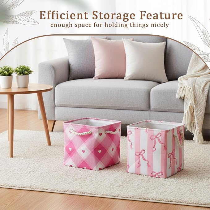 6 Pack Pink Bow Cube Storage Bins Fabric Square Cube Baskets, 11x11 Inch | Pink Bow Foldable Organizer with Sturdy Handles, Home Closet Bin for Shelves, Durable Cube Baskets Bulk for Home Storage - Image 5