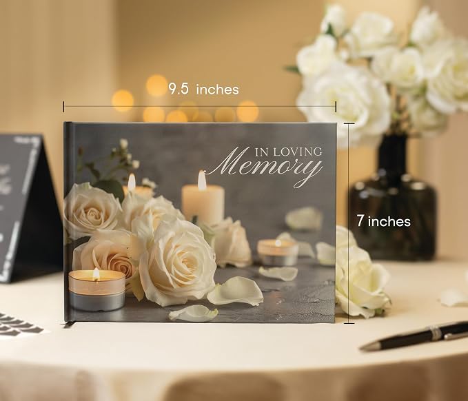 Rose Hardcover Funeral Guest Book - 9.5 x 7 Celebration of Life Guestbook for Memorial Service with 5x7 Paper Sign, Pen, Black Photo Corner Stickers - Image 2