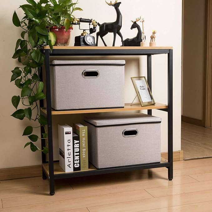 Large Foldable Storage Bins with Lids [3-Pack] linenFabric Decorative Storage Boxes Organizer Containers Baskets Cube with Handles Divider for Bedroom Closet Office Light Grey(17.7x11.8x11.8) - Image 3
