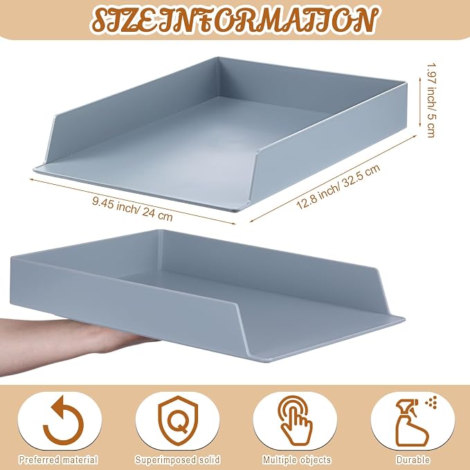 4 Pcs Stackable Paper Trays Rectangular Plastic Desk Holder Desktop Document File Organizer Storage Letter for Office Classroom (Gray) - Image 4