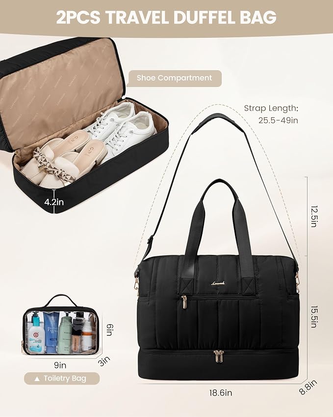 LOVEVOOK Travel Duffle Bag Women,Weekender Hospital Bag for Labor Delivery | Shoe Compartment, Puffer Carry On Duffel Bags For Airplanes,Overnight Bag With Toiletry Bag, 42L,2Pcs Set - Image 3