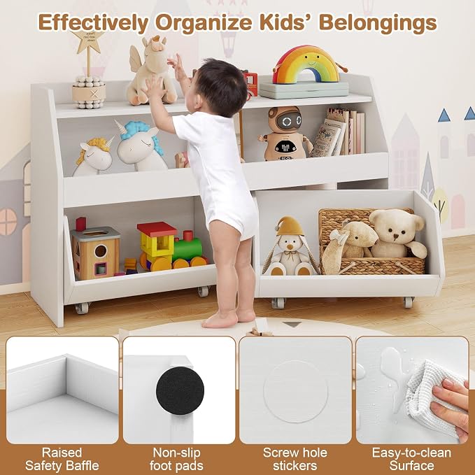 Costzon Toy Storage Organizer for Kids, Toy Cabinet w/ 2 Rolling Drawers, Lockable Wheels, Open Shelf & Anti-toppling Kit, Toddler Toy Shelf for Playroom, Kids’ Room, Nursery, Daycare (White) - Image 6