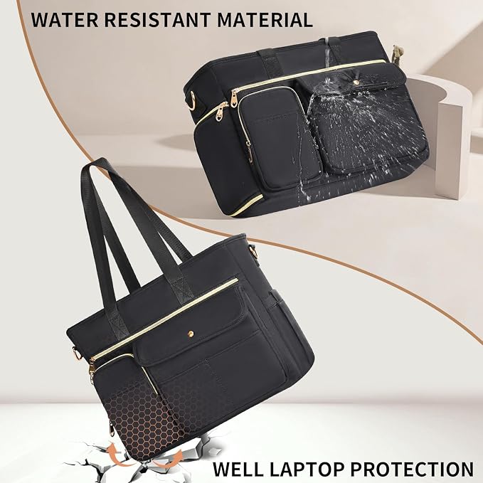 ESTARER Women Teacher Tote Bag 2Pcs, 15.6'' Laptop Work Bag Computer bag with Expandable File Folder, Large Water-Resistant Messenger Shoulder bag w/Insulated Pocket for Office/Travel/College, Black - Image 8