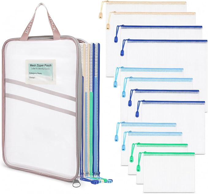 12 Pack PVC Mesh Zipper Pouches with 1 Organizer Bag, 13pcs | A4 A5 B6 Translucent PVC Pouches for Journaling Planner Supplies Stationery Stickers Cards Notes and Craft Projects by ROYPACKStorageSolutions