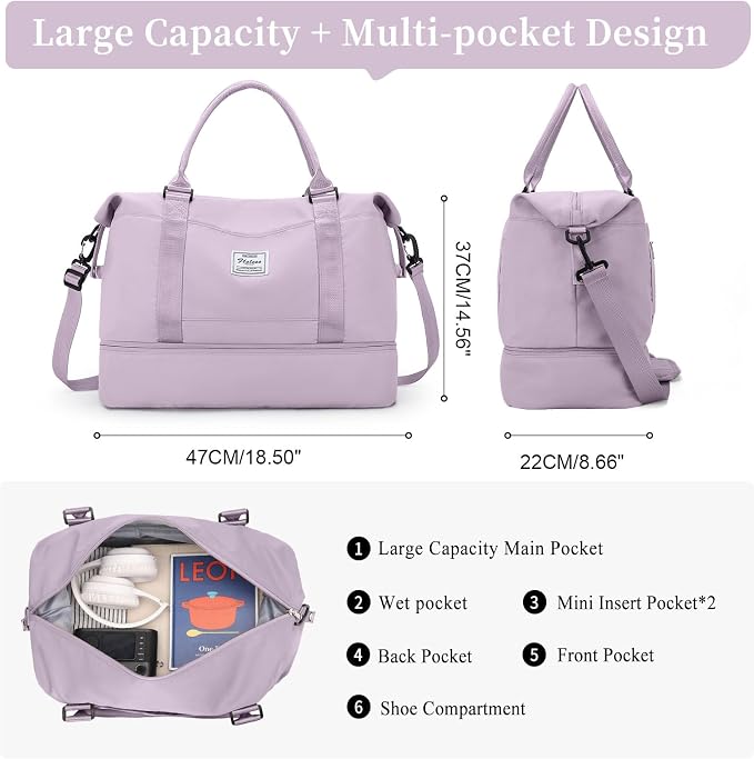 Weekender Bags for Women,Personal Item Travel Bag with Shoes Compartment | Overnight Travel Duffel Bag with Grid Toiletry Bag,Carry-On Bag - Image 4