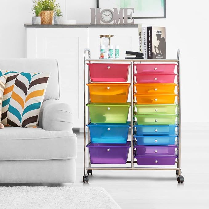 DREAMADE Rolling Cart with 15 Drawers, Utility Cart with Removable Storage Drawers, Lockable Wheels, Art Cart for Home Office Living Room Art Supplies Crafts (Rainbow, 25"L x 14.5"W x 34.5"H) - Image 6