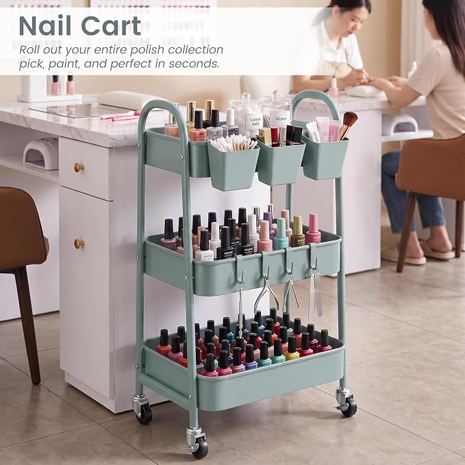 danpinera 3-Tier Rolling Cart, Utility Cart Mobile Metal Rolling Storage Cart with Lockable Wheels & Hanging Cups & Hooks for Kitchen, Bathroom, Office, Workshop, Gray Blue - Image 5