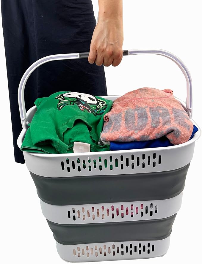 SAMMART 40L (10.5 Gallon) Collapsible Plastic Laundry Basket with Handles - Foldable Pop Up Storage Container/Organizer - Portable Laundry Hamper - Space Saving (2, White/Steel Grey) - Image 8