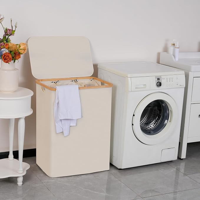 efluky Laundry Hamper with Lid, Trio Laundry Basket with 2 Removable Bags, 3 Section Laundry Bin with Bamboo Handles for Bathroom, Bedroom & Laundry Room, 160L (42.3 Gallon) Beige - Image 6