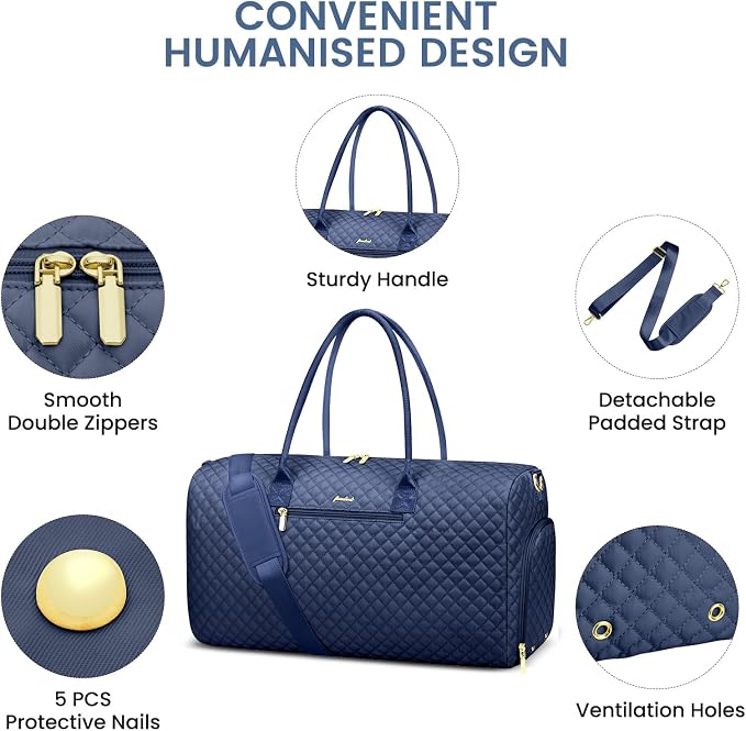 Women Weekender Travel Duffle Bag: Travel Duffel Overnight Bags with Shoe Compartment Large Carry on Tote with Toiletry Bag Weekend Traveling Yoga Gym Hospital Bag for Women with Wet Pocket Blue - Image 5
