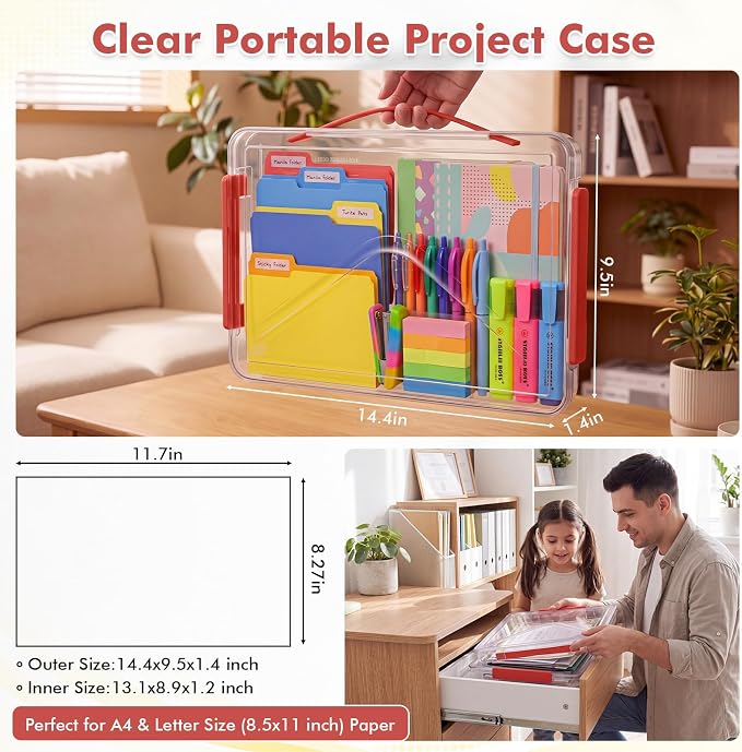 5 Pcs Clear File Storage Box Portable Paper Case with Lid Handle,Red - Image 4