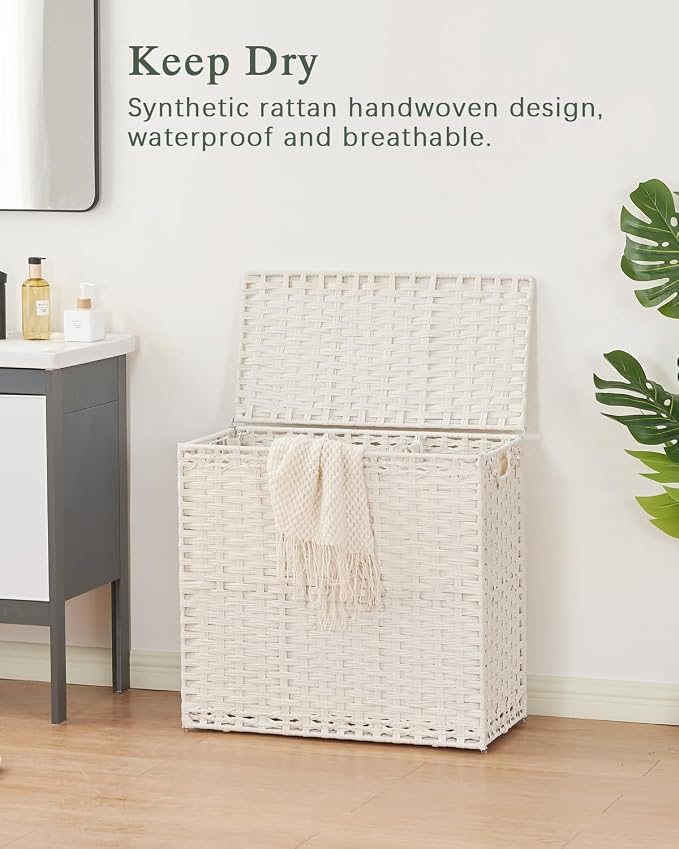 SETVSON Laundry Hamper with Lid Laundry Basket 132 L PE Rattan, White | Large Family Clothes Sorter Trunk with Lid, 3 Compartment Washable Liners, 6 Mesh Bags, Collapsible Steel Frame - Image 2