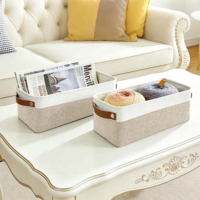 Small Fabric Storage Baskets, 15x6x5 inch Narrow Storage Bins 4-Pack Long Storage Basket for Organizing with Handles, Decorative Basket for Closets, Shelves, Toilet Paper, Beige - Image 7