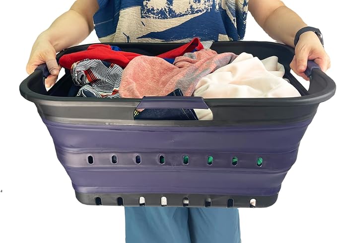 SAMMART 42 (11 Gallons) Collapsible Plastic Laundry Basket, Foldable Pop Up Storage Container/Organizer, Space Saving Hamper, Portable Bin for Dorm Room Bathroom (2, Black/Dark Purple) - Image 6