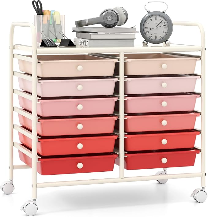 Giantex 12 Drawers Rolling Cart, Mobile Storage Drawer Cart, Classroom Organizer Cart for Office School Supplies Tools Scrapbook Paper Craft Small Printer, Utility Cart on Wheels, Pink Gradient by Giantex