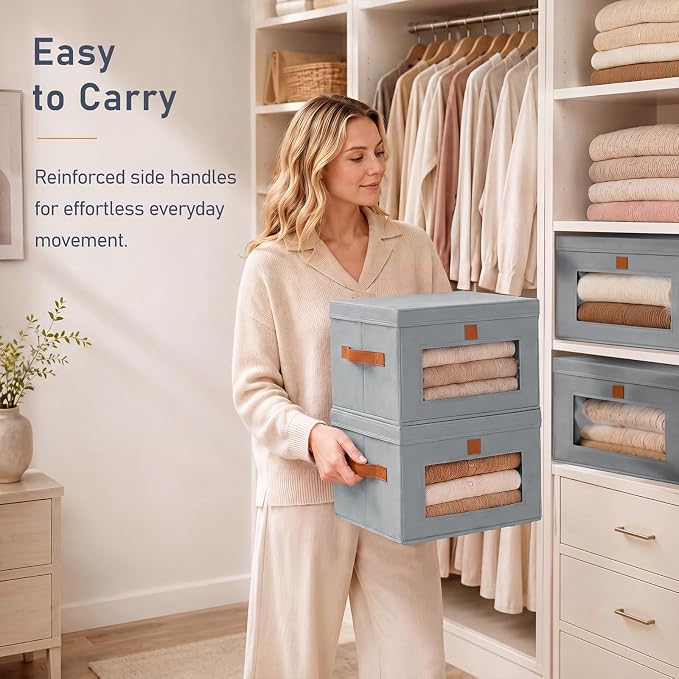 DIMJ Storage Bins with Lids - 6 Pack Front Opening Stackable Fabric Storage Boxes with Clear Window & Handles, Collapsible Closet Organizers for Clothes, Sweaters, Shelf Storage, Bedroom, Gray - Image 5