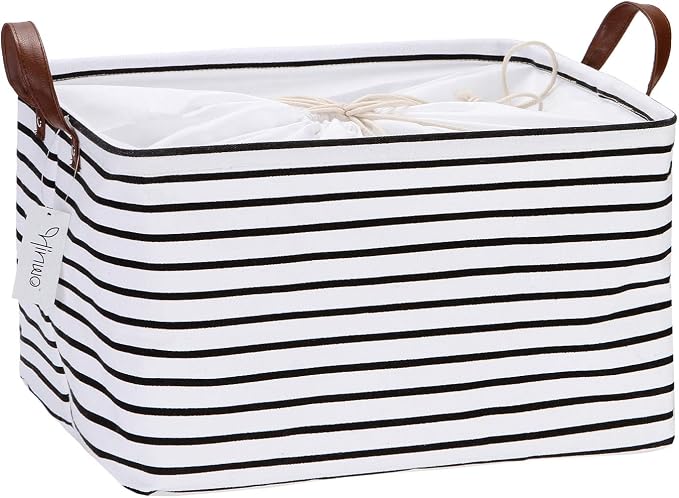 Hinwo 31L Large Canvas Storage Bin with Lid and Handles | Collapsible Fabric Basket, Closet Shelf Organizer, Container for Clothing, Blankets, Toys, Bedding (Black Stripe) by Hinwo