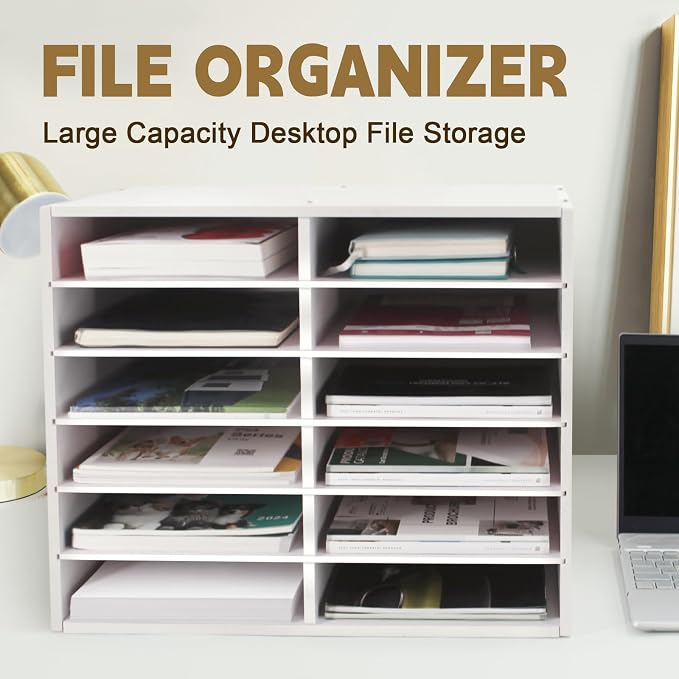 SONGWAY Desk Paper Storage Organizer - 12-Slot Literature Organizer with Adjustable Shelves, Countertop Mail Sorter Organizer, Desk File Sorter Organizer, Mailbox for Classroom Office, White - Image 3
