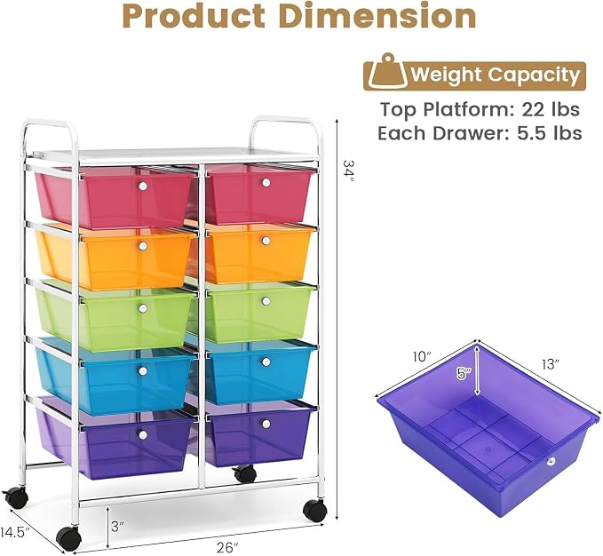 10 Drawer Rolling Cart, Storage Cart Organizer on Wheels, Drawer Cart with Metal Frame & Large Storage Capacity, Rolling Cart with Drawers for Living Room Classroom, Office - Image 3