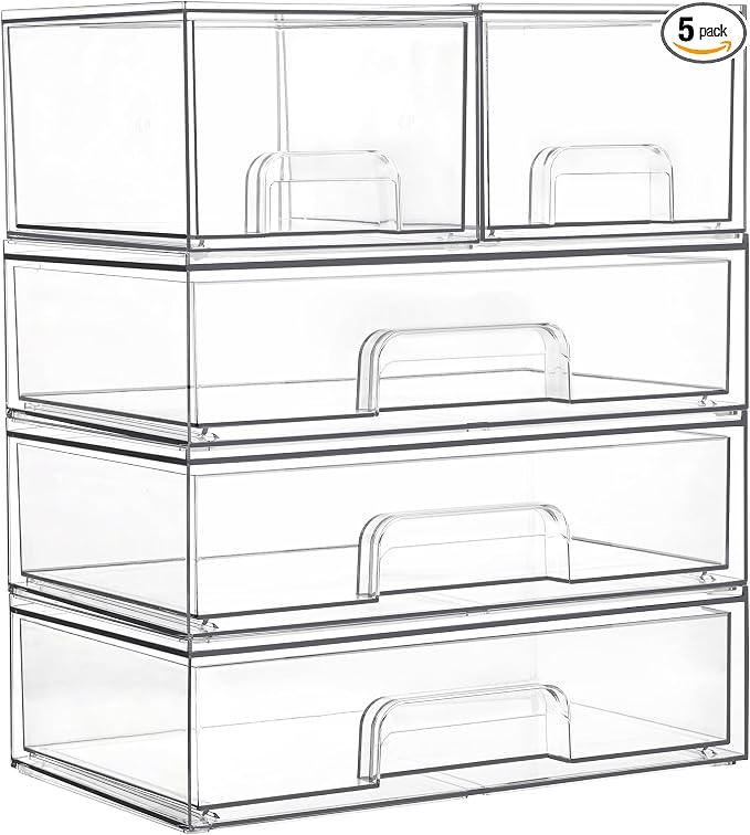 Vtopmart Clear Stackable Storage Drawers Set of 5, Plastic Organizer Bins | Multi-purpose Boxes for Bathroom Accessories, Beauty Supplies, Ideal for Cabinet, Shelf, Pantry, Laundry Room Organization by Vtopmart