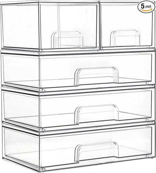 Vtopmart Clear Stackable Storage Drawers Set of 5, Plastic Organizer Bins | Multi-purpose Boxes for Bathroom Accessories, Beauty Supplies, Ideal for Cabinet, Shelf, Pantry, Laundry Room Organization by Vtopmart