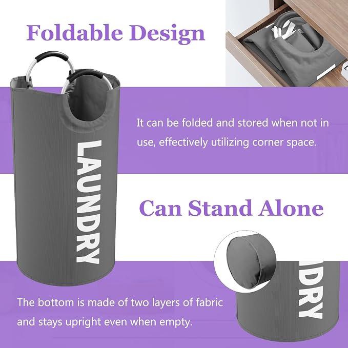 95L Foldable Laundry Basket, Large Freestanding Laundry Hamper for Bedroom | IHOMAGIC Portable Laundry Bin, Fabric Storage Baskets with Handles for Bathroom, Dorm, Black+Gray+Navy Blue - Image 8
