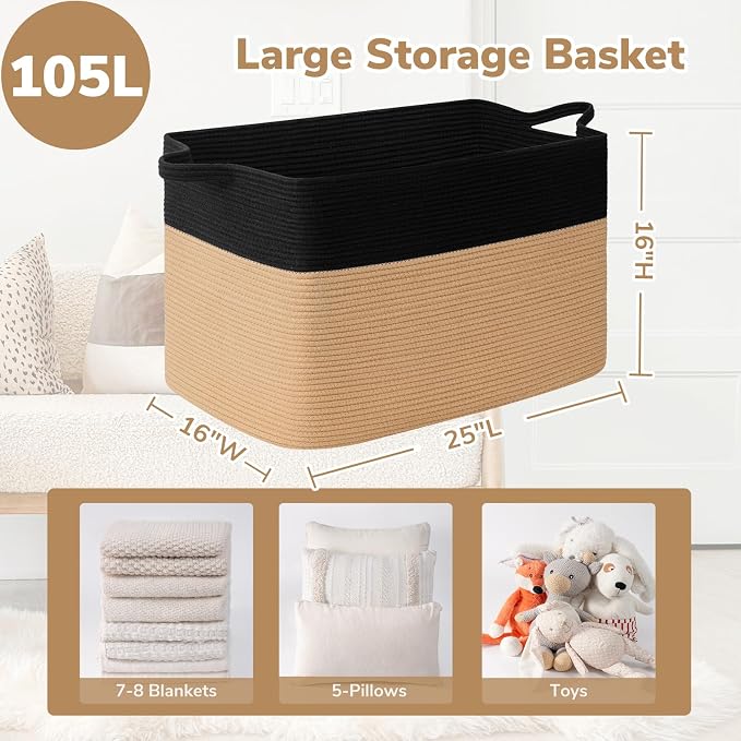 Goodpick 105L Extra Large Woven Blanket Basket Cotton Rope Storage Baskets for Organizing, Kids Toy Storage Organizer for Living Room Nursery, 25"x16"x16", Black & Jute - Image 3