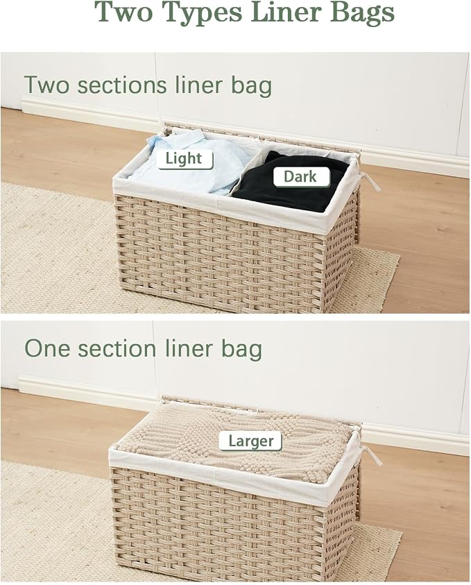 SETVSON Storage Basket with Lid 160L Wicker Baskets Storage Light Khaki | Divided Clothes Organizer,42.3 Gallon Dual Lid Jumbo Blanket Storage Trunk, 2 Washable Liner Bags, Collapsible PE Rattan Bin - Image 6